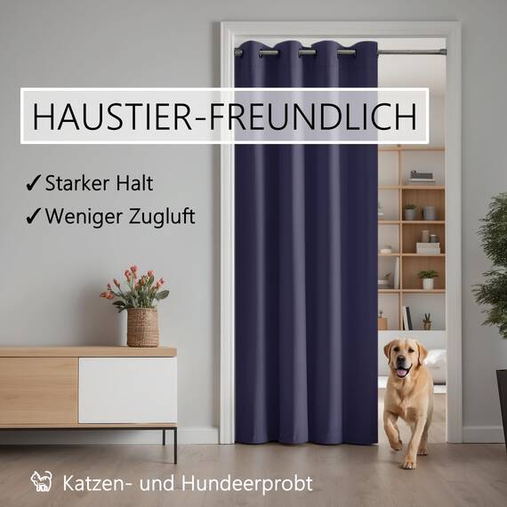 tinycurtains, Thermo Türvorhang mit Vorhangstange & Magneten zum Abdichten, einfache Montage ohne Bohren in 1 Min (210 x 150 cm blau + Stange Silber 70–120 cm + 6 Magnete)