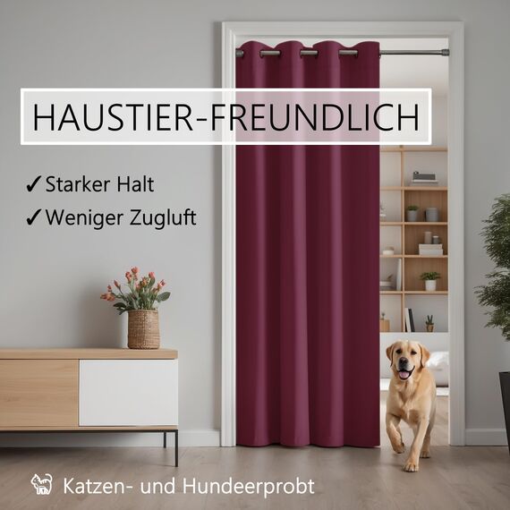 tinycurtains, Thermo Türvorhang mit Vorhangstange & Magneten zum Abdichten, einfache Montage ohne Bohren in 1 Min (195 x 150 cm rot + Stange Silber 70–120 cm + 6 Magnete)
