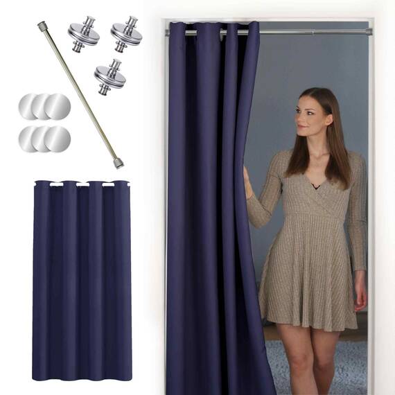 tinycurtains, Thermo Türvorhang mit Vorhangstange & Magneten zum Abdichten, einfache Montage ohne Bohren in 1 Min (210 x 150 cm blau + Stange Silber 70–120 cm + 6 Magnete)
