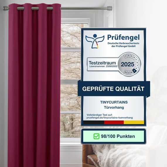 tinycurtains, Thermo Türvorhang mit Vorhangstange & Magneten zum Abdichten, einfache Montage ohne Bohren in 1 Min (195 x 150 cm rot + Stange Silber 70–120 cm + 6 Magnete)