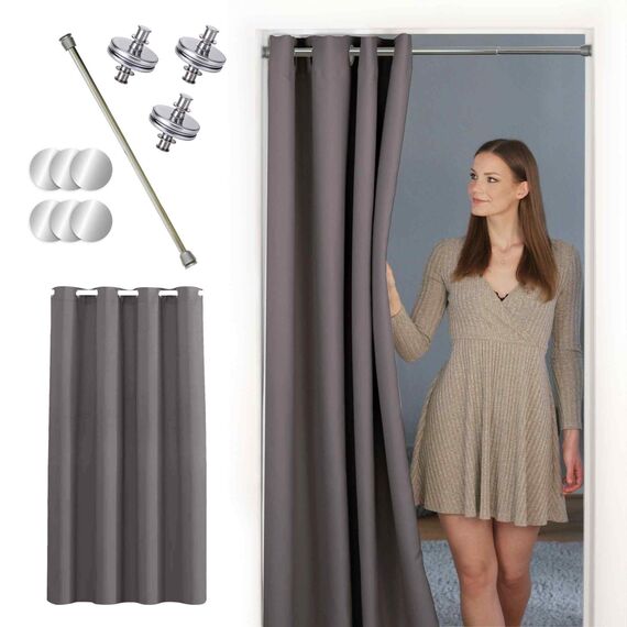 tinycurtains, Thermo Türvorhang mit Vorhangstange & Magneten zum Abdichten, einfache Montage ohne Bohren in 1 Min (200 x 150 cm grau + Stange Silber 70–120 cm + 6 Magnete)