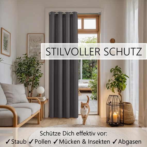 tinycurtains, Thermo Türvorhang mit Vorhangstange & Magneten zum Abdichten, einfache Montage ohne Bohren in 1 Min (200 x 150 cm grau + Stange Silber 70–120 cm + 6 Magnete)