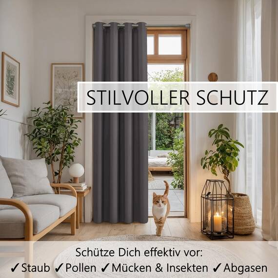 tinycurtains, Thermo Türvorhang mit Vorhangstange & Magneten zum Abdichten, einfache Montage ohne Bohren in 1 Min (195 x 150 cm grau + Stange Silber 70–120 cm + 6 Magnete)