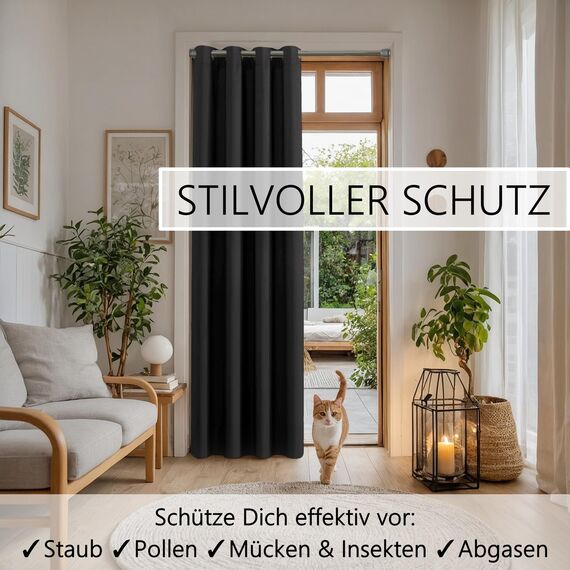 tinycurtains, Thermo Türvorhang mit Vorhangstange & Magneten zum Abdichten, einfache Montage ohne Bohren in 1 Min (195 x 150 cm schwarz + Stange Silber 70–120 cm + 6 Magnete)