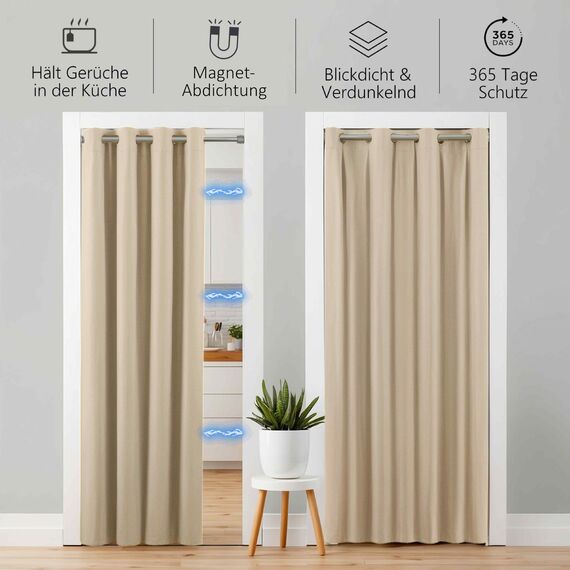 tinycurtains, Thermo Türvorhang mit Vorhangstange & Magneten zum Abdichten, einfache Montage ohne Bohren in 1 Min (200 x 150 cm beige + Stange Silber 70–120 cm + 6 Magnete)
