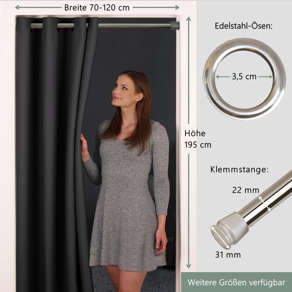 tinycurtains, Thermo Türvorhang mit Vorhangstange & Magneten zum Abdichten, einfache Montage ohne Bohren in 1 Min (195 x 150 cm schwarz + Stange Silber 70–120 cm + 6 Magnete)