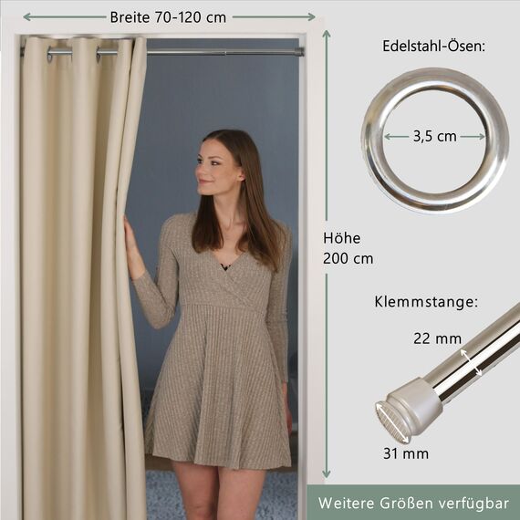 tinycurtains, Thermo Türvorhang mit Vorhangstange & Magneten zum Abdichten, einfache Montage ohne Bohren in 1 Min (200 x 150 cm beige + Stange Silber 70–120 cm + 6 Magnete)