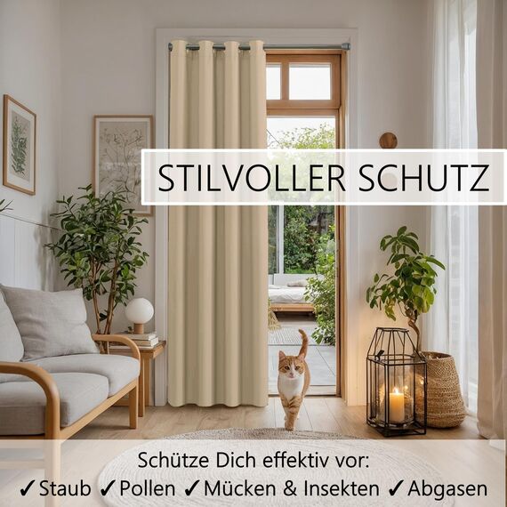 tinycurtains, Thermo Türvorhang mit Vorhangstange & Magneten zum Abdichten, einfache Montage ohne Bohren in 1 Min (200 x 150 cm beige + Stange Silber 55-90 cm + 6 Magnete)