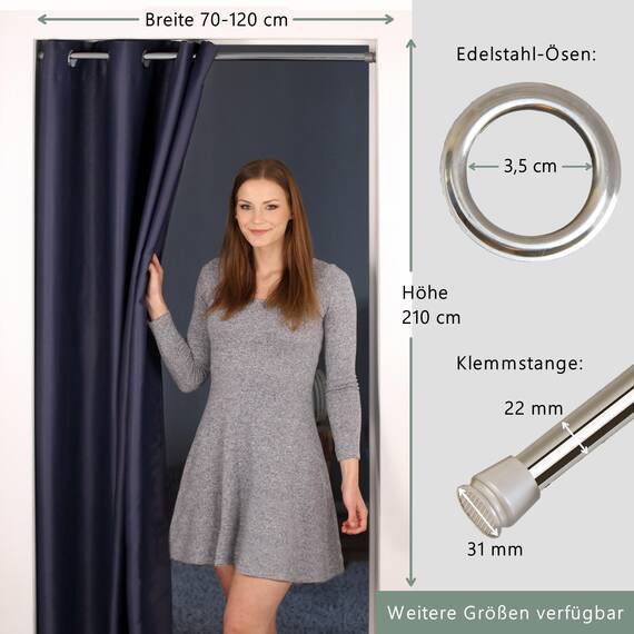 tinycurtains, Thermo Türvorhang mit Vorhangstange & Magneten zum Abdichten, einfache Montage ohne Bohren in 1 Min (210 x 150 cm blau + Stange Silber 70–120 cm + 6 Magnete)