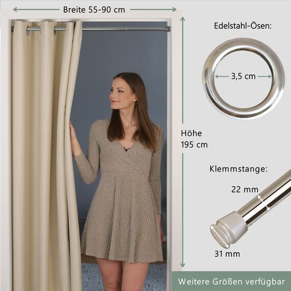 tinycurtains, Thermo Türvorhang mit Vorhangstange & Magneten zum Abdichten, einfache Montage ohne Bohren in 1 Min (195 x 150 cm beige + Stange Silber 55-90 cm + 6 Magnete)
