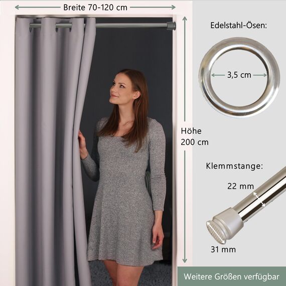 tinycurtains, Thermo Türvorhang mit Vorhangstange & Magneten zum Abdichten, einfache Montage ohne Bohren in 1 Min (200 x 150 cm hellgrau + Stange Silber 70–120 cm + 6 Magnete)