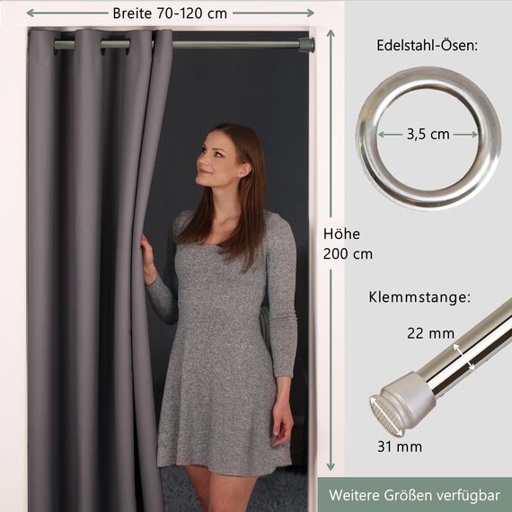 tinycurtains, Thermo Türvorhang mit Vorhangstange & Magneten zum Abdichten, einfache Montage ohne Bohren in 1 Min (200 x 150 cm grau + Stange Silber 70–120 cm + 6 Magnete)