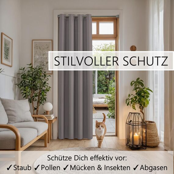 tinycurtains, Thermo Türvorhang mit Vorhangstange & Magneten zum Abdichten, einfache Montage ohne Bohren in 1 Min (200 x 150 cm hellgrau + Stange Silber 70–120 cm + 6 Magnete)