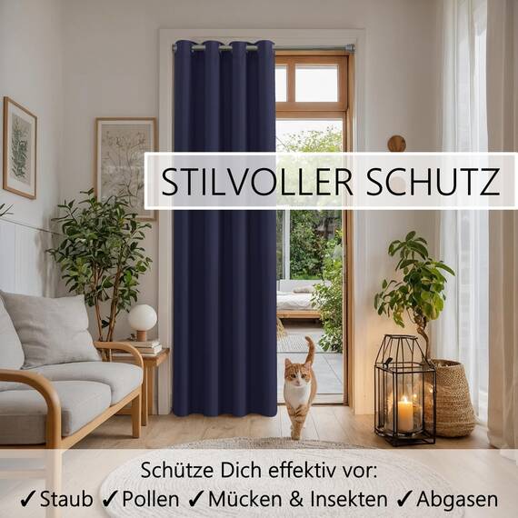 tinycurtains, Thermo Türvorhang mit Vorhangstange & Magneten zum Abdichten, einfache Montage ohne Bohren in 1 Min (210 x 150 cm blau + Stange Silber 70–120 cm + 6 Magnete)