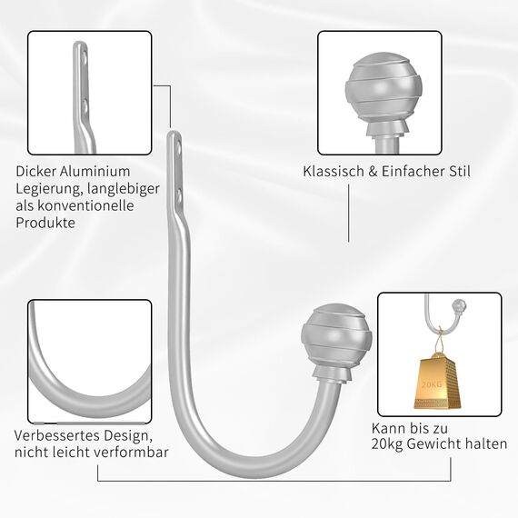 Hion Vorhang Raffhalter Silber 2 Stück, Vorhang-Halterungen Wandmontierte Vorhanghaken-Halterungen für Vorhänge