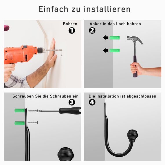 Hion Vorhang Raffhalter Schwarz 4 Stück, Vorhang-Halterungen Wandmontierte Vorhanghaken-Halterungen für Vorhänge