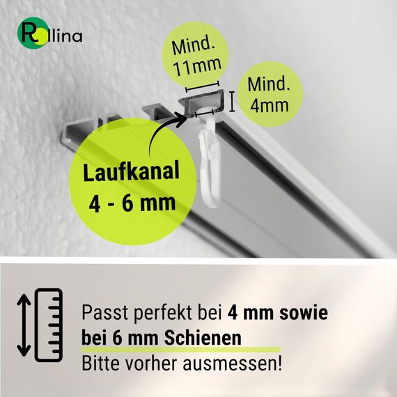 Rollina Gardinengleiter (100 Stück) | Gardinenhaken für Schienen mit 4-6mm Laufkanal | Vorhanghaken | auch passend für KVARTAL Leiste