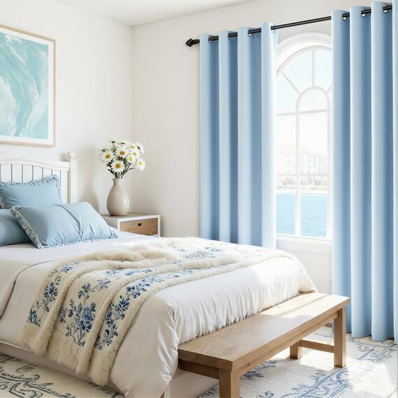 MRTREES Vorhänge Schlafzimmer Fenster Kurz Blau 100% Blickdicht Gardinen mit Ösen 2er Set 160 cm Lang 140 cm Breit, Thermovorhang Gegen Kälte Wohnzimmer Modern Verdunklungsvorhänge
