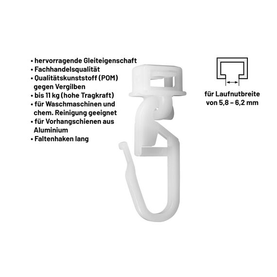 Deco-Raum 100 Stück Click-Gleiter Laufkanal 5,8-6,2mm Gardinengleiter Faltengleiter Faltenlegehaken für Faltenband Kräuselband passend für Gardinenschienen Vorhangschienen HC32