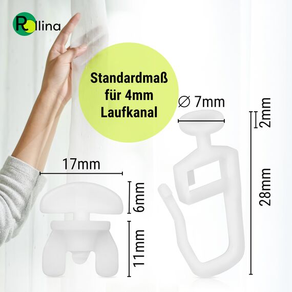 Rollina Gardinengleiter 7mm Set (100 Stück + 6 Feststeller) | Gardinenhaken für Schienen mit 4mm Innenlauf-Breite | Vorhanghaken | auch passend für KVARTAL Leiste
