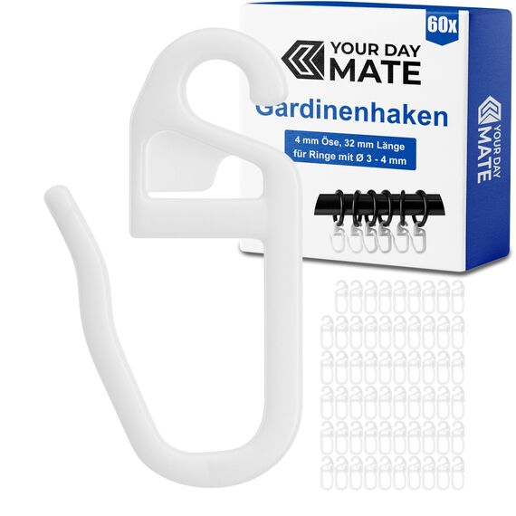 Vorhanghaken für Gardinen Ringe, 60 Stück, mit Ø 4 mm Öse, für Gardinenringe mit 3 bis 4 mm, in Weiß, Gardinenringe Haken zum Einhängen, Faltenlegehaken für Vorhangringe, Vorhang Haken Clip Set