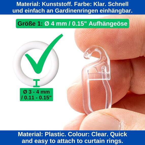 Vorhanghaken für Gardinen Ringe, 120 Stück, mit Ø 4 mm Öse, für Gardinenringe mit 3 bis 4 mm, in Transparent, Gardinenringe Haken zum Einhängen, Faltenlegehaken für Vorhangringe, Vorhang Haken Clip