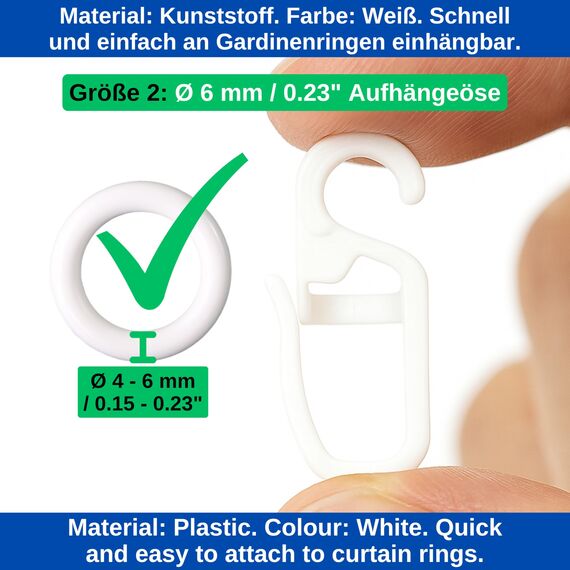 Vorhanghaken für Gardinen Ringe, 120 Stück, mit Ø 6 mm Öse, für Gardinenringe mit 4 bis 6 mm, in Weiß, Gardinenringe Haken zum Einhängen, Faltenlegehaken für Vorhangringe, Vorhang Haken Clip Set