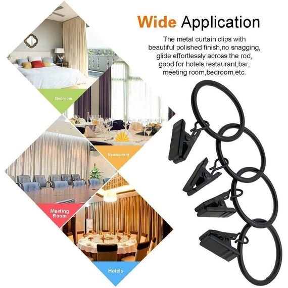 40 Stück Gardinenringe Vorhangringe, Vorhang Clip Gardinenstange 35mm Vorhang Clips mit Clip Duschvorhang Metallklammern für Vorhänge und Gardinenstangen, Black