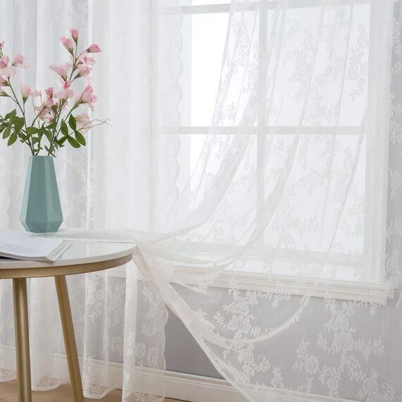 MIULEE Gardinen Spitze-Wunderschöne Weiß Blumen Bestickte Spitzengardinen, 2er Set Transparent Vorhang Spitze Vintage, Voile Spitzenvorhänge mit Ösen für Wohnzimmer Schlafzimmer Dekor, 2XH215 x B150cm