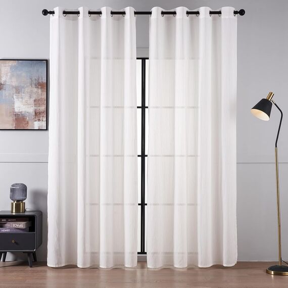 Topfinel Gardinen Wohnzimmer 140x250cm 2er Set Modern Voile Vorhänge mit Ösen Vorhang Schlafzimmer Halbtransparent mit Vertikalem Streifenmuster Weiß