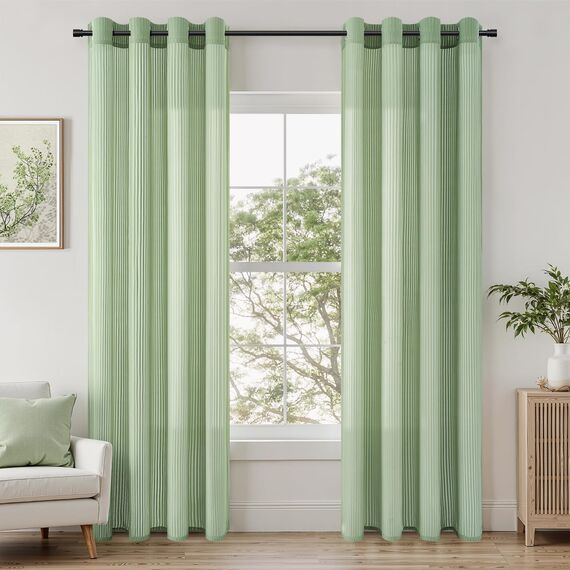 Topfinel Voile Gardinen Kurz Fenster 140x160cm Sheer Curtain mit Ösen Vorhang Wohnzimmer Modern Transparent Schlafzimmer Wohnzimmer Vorhänge Durchsichtig Küche Gardine 2er Set Salbeigrün