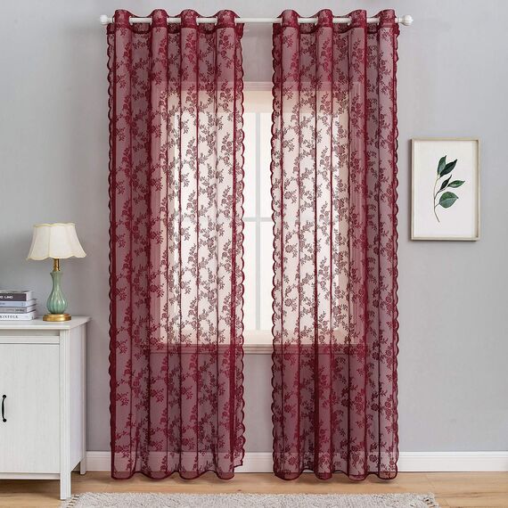 MIULEE Gardinen Spitze-Wunderschöne Rot Blumen Bestickte Spitzengardinen, 2er Set Transparent Vorhang Spitze Vintage, Voile Spitzenvorhänge mit Ösen für Wohnzimmer Schlafzimmer Dekor, 2X H245xB150cm