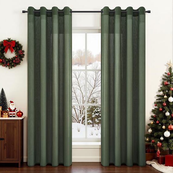 Topfinel Sheer Curtain 2er Set Schlafzimmer Vorhänge mit Ösen Vorhang Mit Vertikalem Streifenmuster Transparent Voile Stores Gardinen Wohnzimmer Modern 140x225cm Grün
