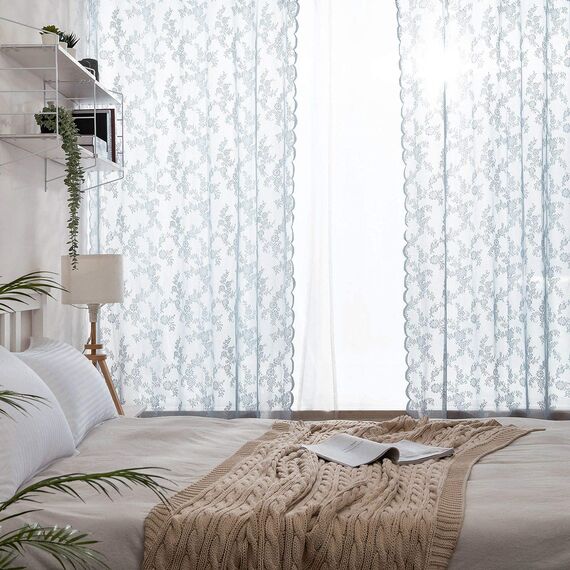 MIULEE 2er Set Vorhang Ösenvorhang mit Spitze Transparente Besondere Dekorative Gardine Kettenwirken Lace Halbtransparent Lichtdurchlässig für Wohnzimmer Kinderzimmer Cafeteria 150x260cm Hellgrau