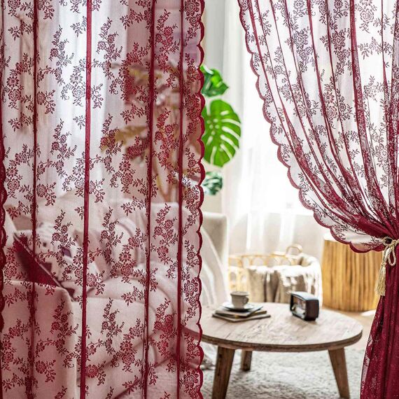 MIULEE Gardinen Spitze-Wunderschöne Rot Blumen Bestickte Spitzengardinen, 2er Set Transparent Vorhang Spitze Vintage, Voile Spitzenvorhänge mit Ösen für Wohnzimmer Schlafzimmer Dekor, 2X H245xB150cm