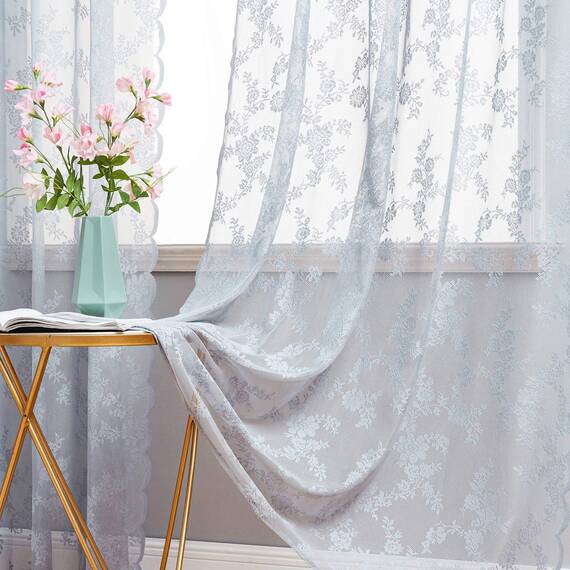 MIULEE Gardinen Spitze-Wunderschöne Grau Blumen Bestickte Spitzengardinen, 2er Set Transparent Vorhang Spitze Vintage, Voile Spitzenvorhänge mit Ösen für Wohnzimmer Schlafzimmer Dekor, 2X H225xB150cm