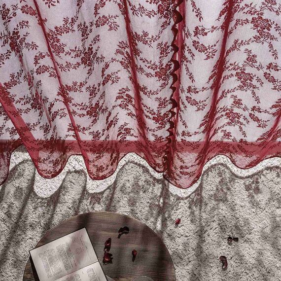 MIULEE Gardinen Spitze-Wunderschöne Rot Blumen Bestickte Spitzengardinen, 2er Set Transparent Vorhang Spitze Vintage, Voile Spitzenvorhänge mit Ösen für Wohnzimmer Schlafzimmer Dekor, 2X H245xB150cm