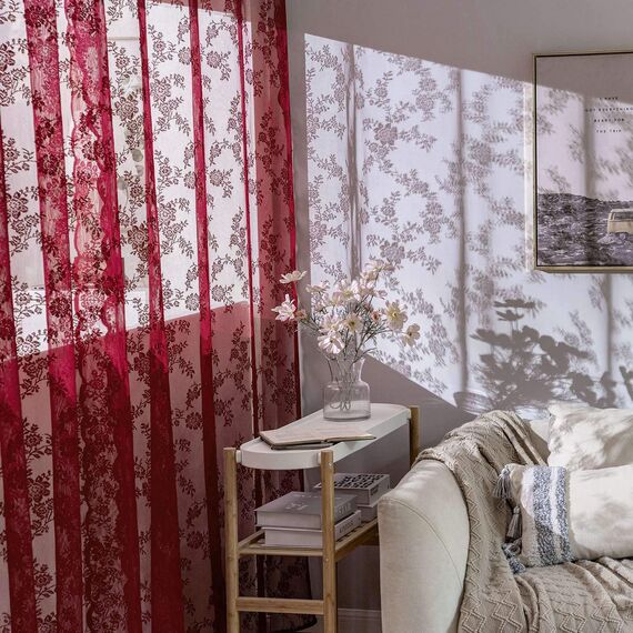 MIULEE Gardinen Spitze-Wunderschöne Rot Blumen Bestickte Spitzengardinen, 2er Set Transparent Vorhang Spitze Vintage, Voile Spitzenvorhänge mit Ösen für Wohnzimmer Schlafzimmer Dekor, 2X H245xB150cm
