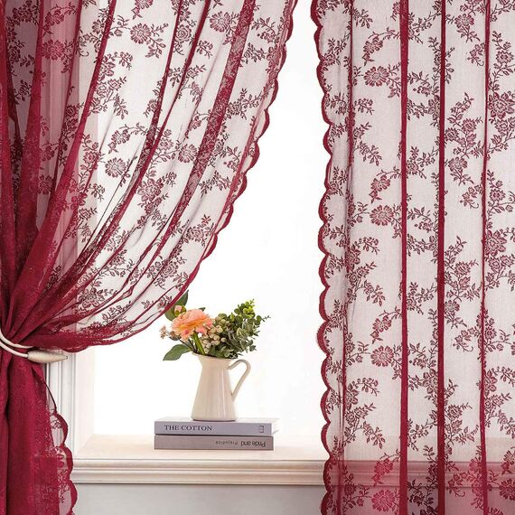 MIULEE Gardinen Spitze-Wunderschöne Rot Blumen Bestickte Spitzengardinen, 2er Set Transparent Vorhang Spitze Vintage, Voile Spitzenvorhänge mit Ösen für Wohnzimmer Schlafzimmer Dekor, 2X H245xB150cm