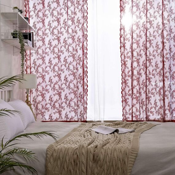 MIULEE Gardinen Spitze-Wunderschöne Rot Blumen Bestickte Spitzengardinen, 2er Set Transparent Vorhang Spitze Vintage, Voile Spitzenvorhänge mit Ösen für Wohnzimmer Schlafzimmer Dekor, 2X H245xB150cm