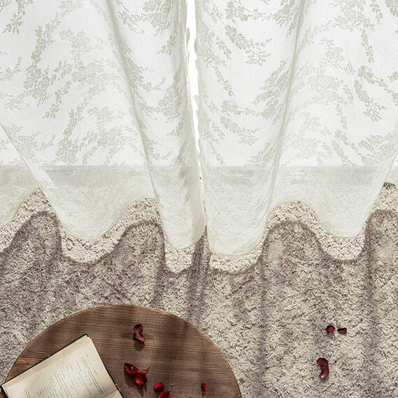 MIULEE Gardinen Spitze-Wunderschöne Beige Blumen Bestickte Spitzengardinen, 2er Set Transparent Vorhang Spitze Vintage, Voile Spitzenvorhänge mit Ösen für Wohnzimmer Schlafzimmer Dekor, 2X H245xB150cm