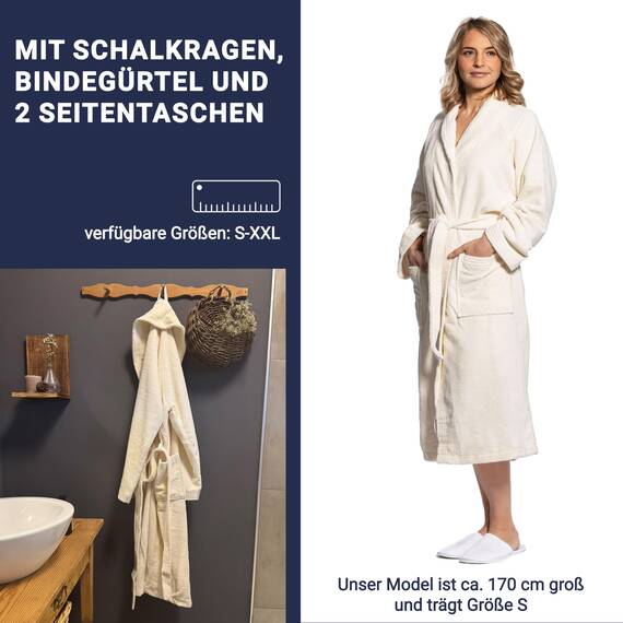 ZOLLNER Bademantel - flauschig und saugstark - Unisex - Größe L - creme - außen aus Polyester und innen aus Baumwoll-Mischgewebe - waschbar bis 60°C - Hotelqualität - Oeko Tex® zertifiziert