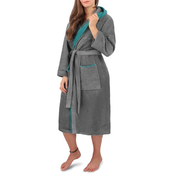 normani Damen Baumwoll Bademantel mit Kapuze in Geschenk-Box - weiche Premium Qualität - Öko Tex 100 Farbe Grau/Petrol Größe XS