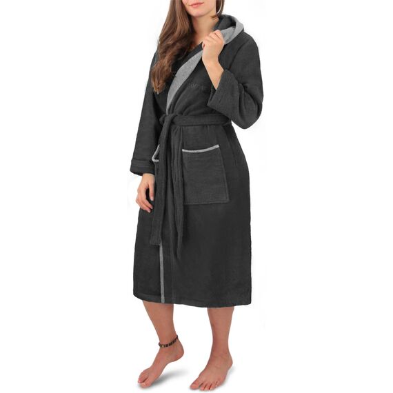 normani Damen Baumwoll Bademantel mit Kapuze in Geschenk-Box - weiche Premium Qualität - Öko Tex 100 Farbe Schwarz/Grau Größe XS