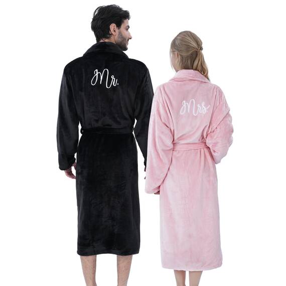 Jecery Bademäntel für Sie und Ihn, für Paare, Herr und Frau, Flanell, bestickt, passende Bademäntel, Hochzeit, Verlobung, Geschenke, 2 Stück, Schwarz/Rosa, Einheitsgröße