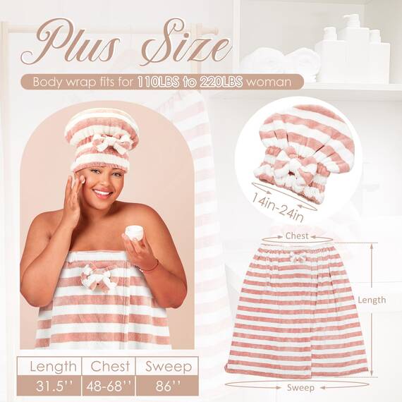 Xtinmee 2 Sets Plus Size Handtuch Wrap mit Haartrocknungshandtuch, verstellbar, Duschwickel, leichtes Handtuch, Kleid, Badetuch, Bequeme Damen-Bademäntel, saugfähiger Spa-Bademantel (rosa Farbe)