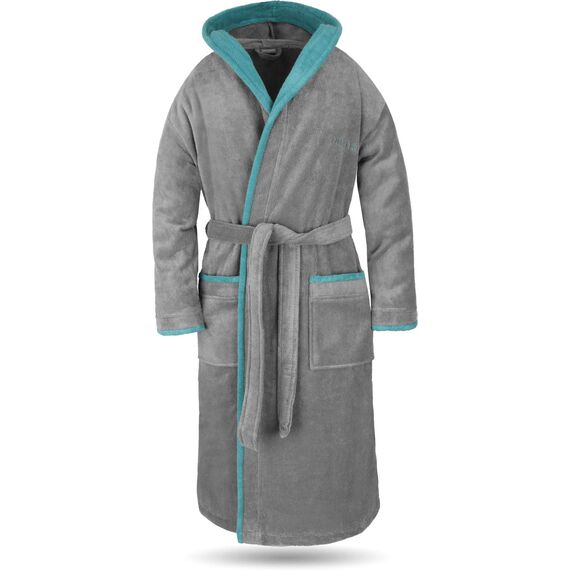 normani Damen Baumwoll Bademantel mit Kapuze in Geschenk-Box - weiche Premium Qualität - Öko Tex 100 Farbe Grau/Petrol Größe M