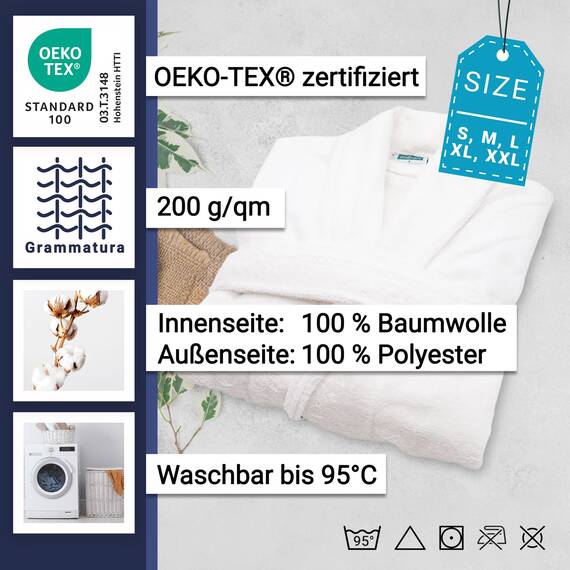 ZOLLNER Bademantel Velours - hautfreundlich und saugstark - für Damen und Herren - Mischgewebe - Größe XL in weiß - waschbar bis 95°C - Hotelqualität - Oeko Tex® zertifiziert
