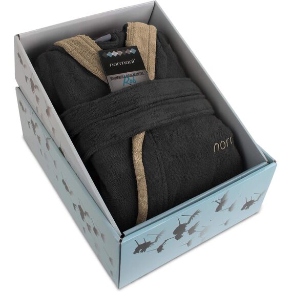 normani Damen Baumwoll Bademantel mit Kapuze in Geschenk-Box - weiche Premium Qualität - Öko Tex 100 Farbe Schwarz/Beige Größe S