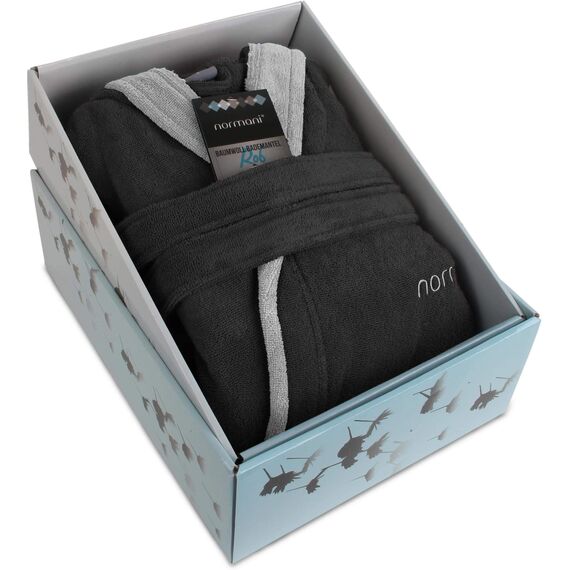 normani Damen Baumwoll Bademantel mit Kapuze in Geschenk-Box - weiche Premium Qualität - Öko Tex 100 Farbe Schwarz/Grau Größe XS